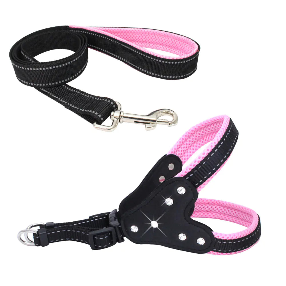 Reflective Mesh Pet Harness with Matching Rhinestone Leash