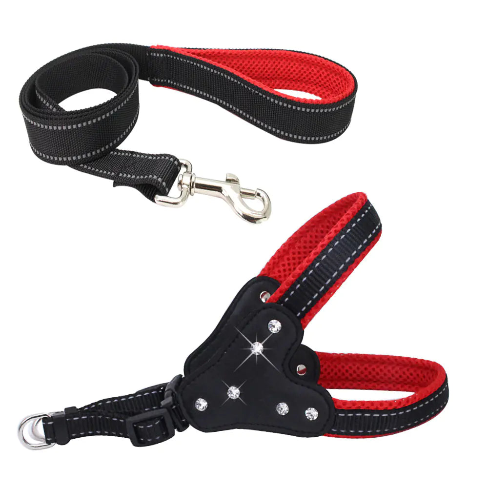 Reflective Mesh Pet Harness with Matching Rhinestone Leash