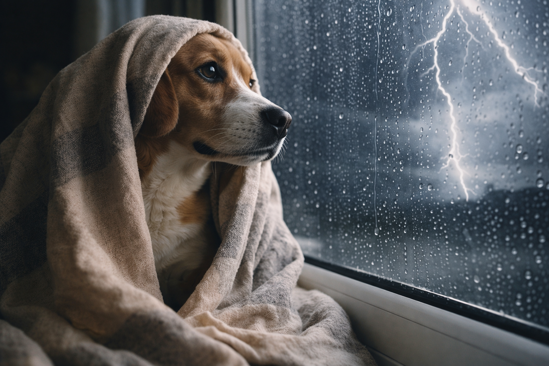 dog wrapped in blanket looking out window during thunderstorm anxiety