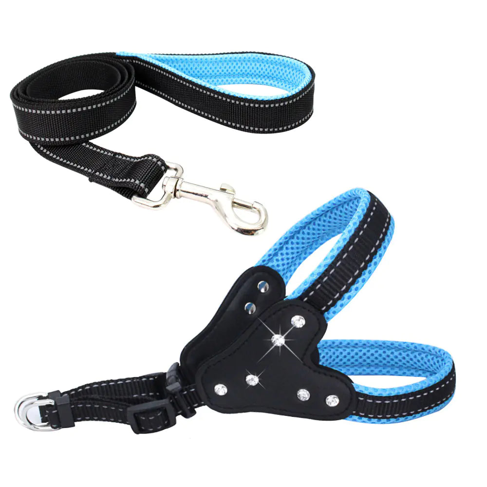 Reflective Mesh Pet Harness with Matching Rhinestone Leash
