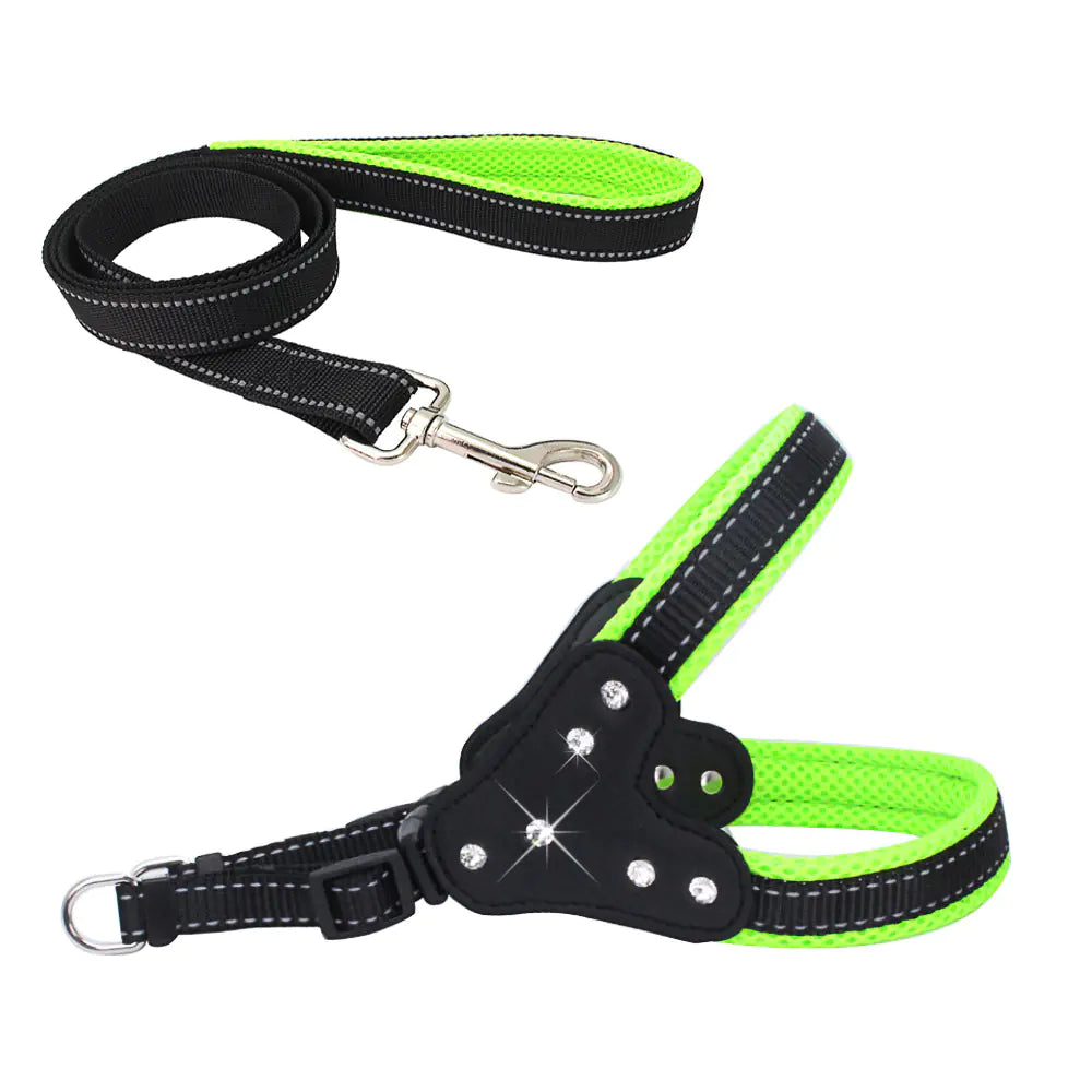 Reflective Mesh Pet Harness with Matching Rhinestone Leash