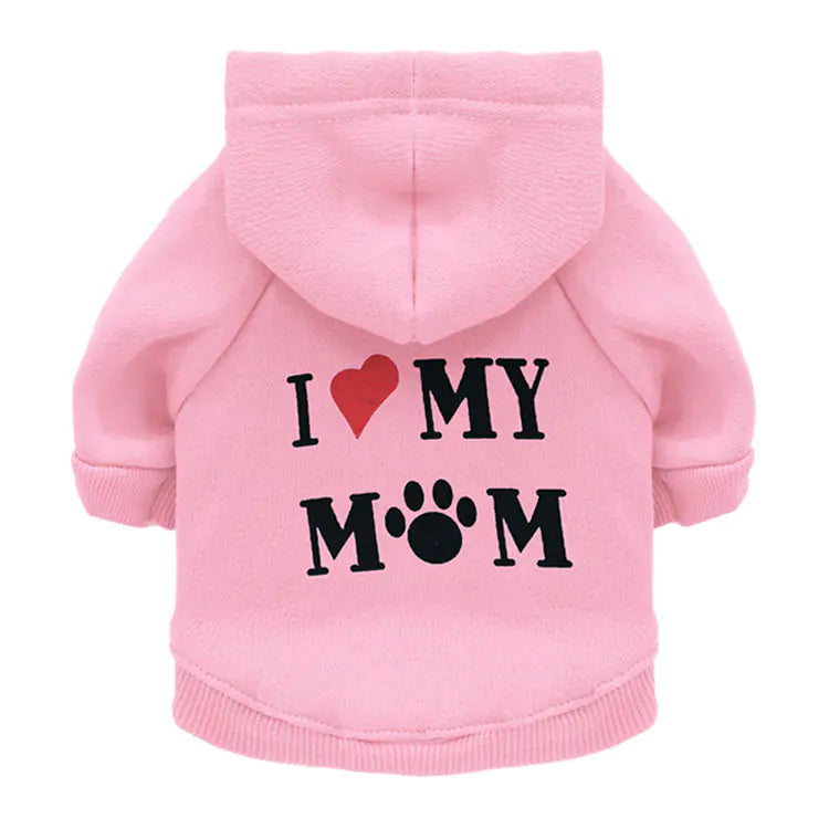 I Love My Mom Dog Hoodie — Warm Fleece Pet Sweatshirt