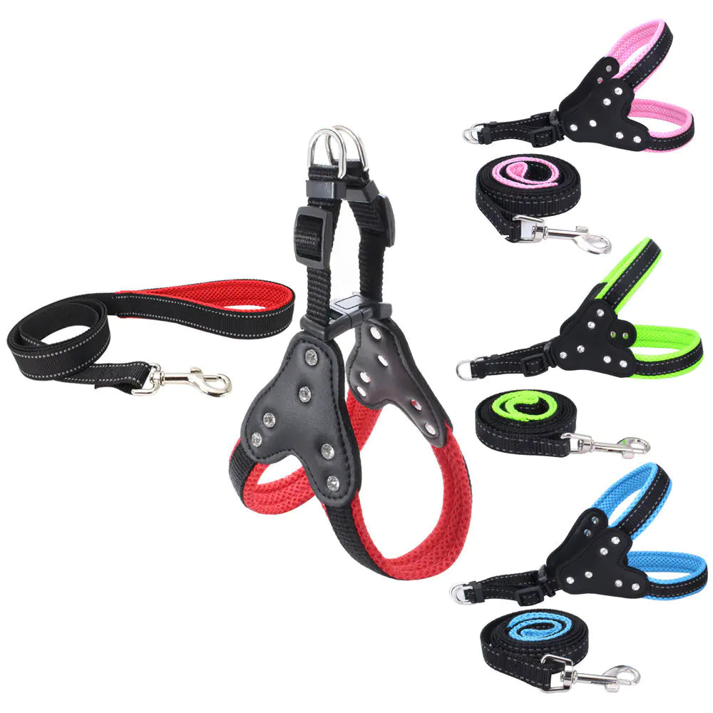 Reflective Mesh Pet Harness with Matching Rhinestone Leash