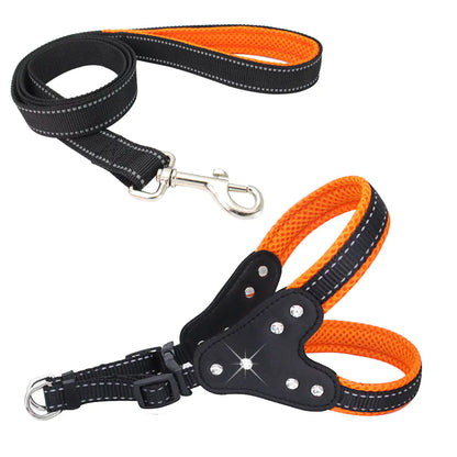 Reflective Mesh Pet Harness with Matching Rhinestone Leash